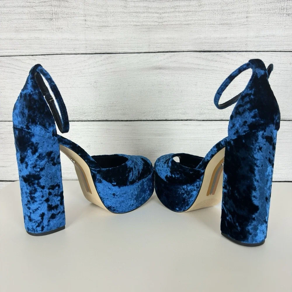 Sam Edelman Kori Platform Heels‎ Blue Velvet Ankle Strap Open Toe Size 7 Bratz